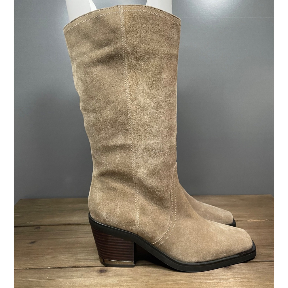 Vince Camuto Women's Babellie Mid Calf Boots Size 9 Taupe Suede Cowboy Western